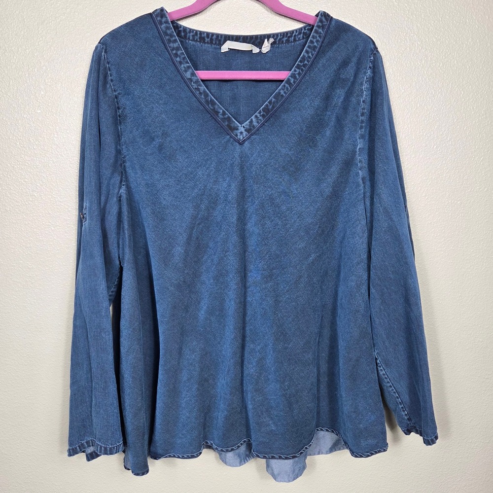 Soft Surroundings Tencel Lyocell Denim Blue V-Neck Tunic Top 1X Boho